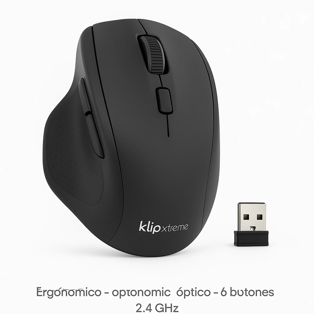 Klip Xtreme KMW-330 Vector - Ratón - ergonómico - óptico - 6 botones - inalámbrico - 2.4 GHz - receptor inalámbrico USB - negro