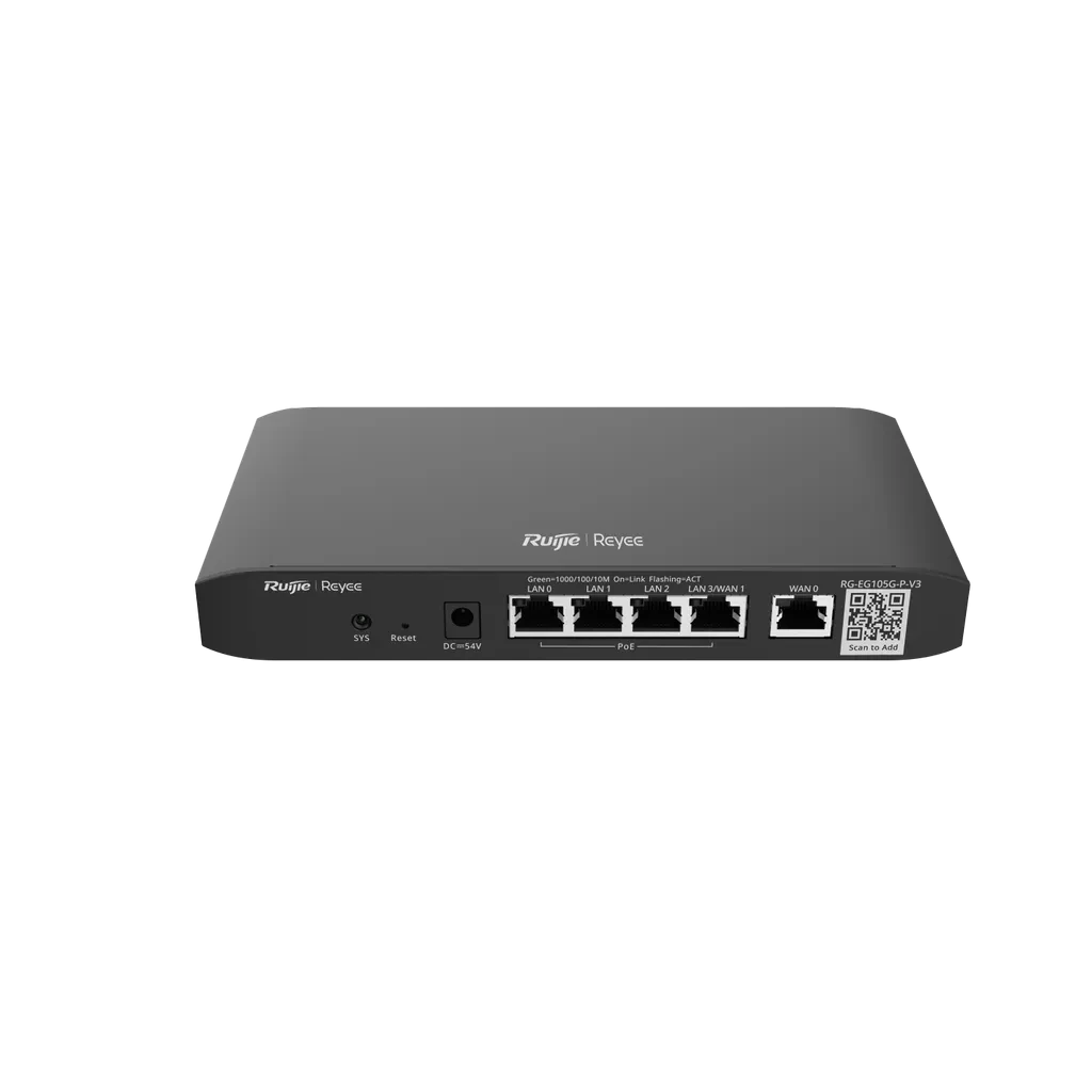 RG-EG105G-P-V3. Router administrado por la Nube de REYEE 5 puertas 10/100/1000 Base-T, 2 WAN 4 puertos PoE recomendado para 100 clientes concurrentes