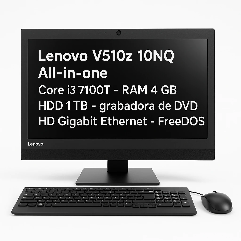 Lenovo V510z 10NQ - Todo en uno con soporte de monitor - Core i3 7100T - RAM 4 GB - HDD 1 TB - grabadora de DVD - HD Graphics 630 - Gigabit Ethernet - FreeDOS - monitor: LED 23" 1920 x 1080 (