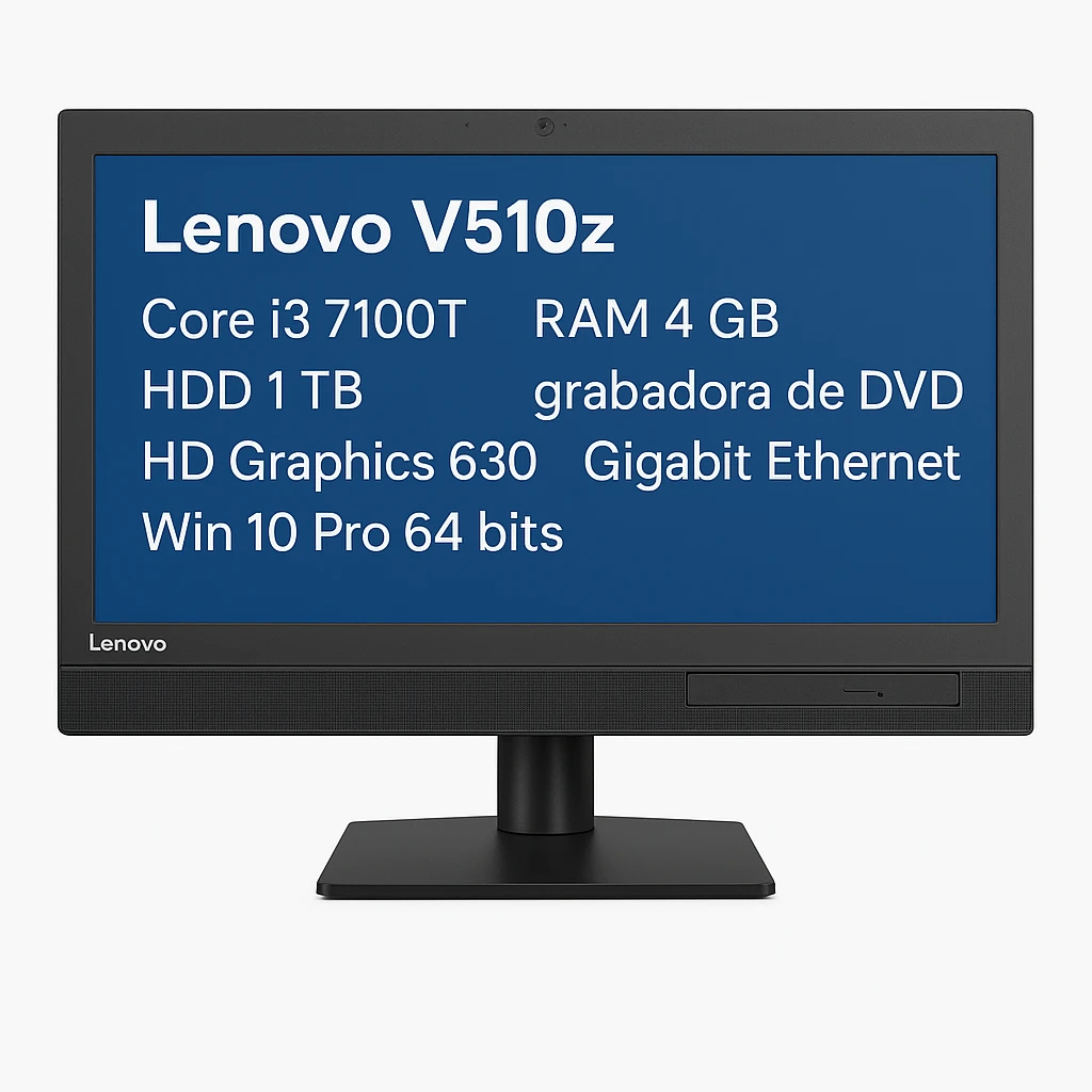 Lenovo V510z 10NQ - Todo en uno con soporte de monitor - Core i3 7100T - RAM 4 GB - HDD 1 TB - grabadora de DVD - HD Graphics 630 - Gigabit Ethernet - Win 10 Pro 64 bits - monitor: LED 23" 19