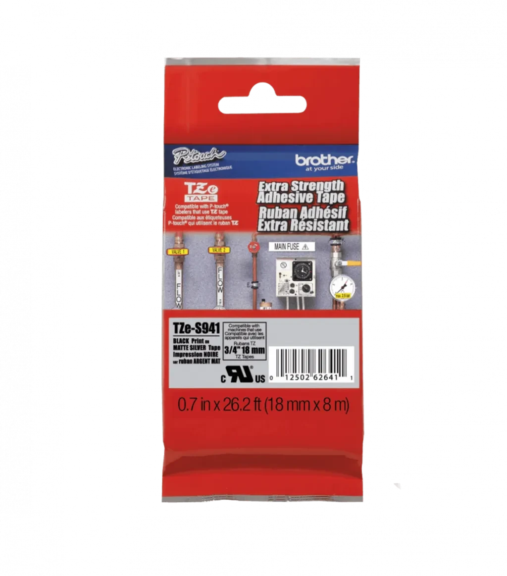 TZeS941. Cinta BROTHER 18mm Negro en Fondo Plateado 8mt p/PT-E300/E550/D600