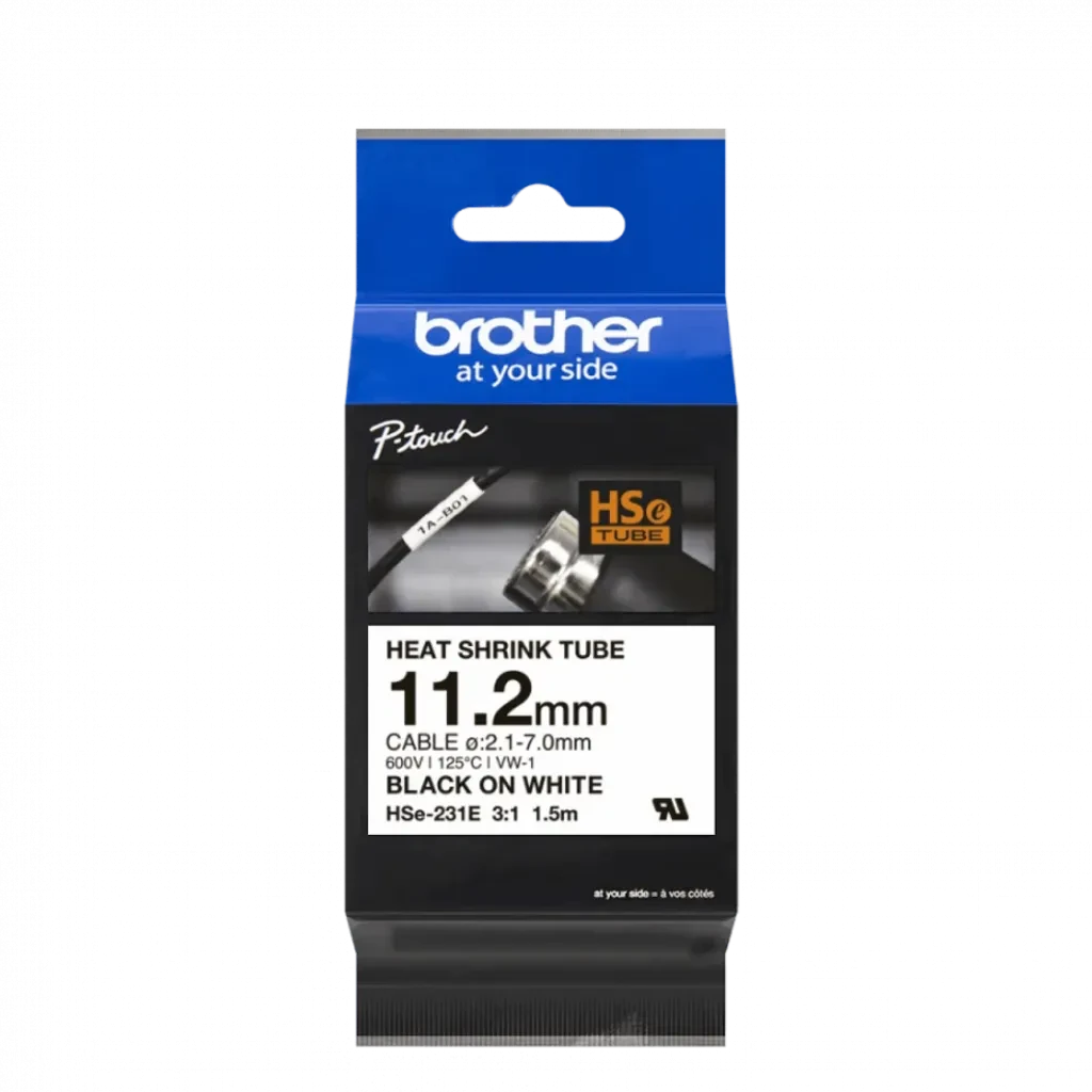 HSe231e. Tubo BROTHER 11,2mm Termo retráctil 2,1-7,0mm Negro en Blanco de 1,5mt