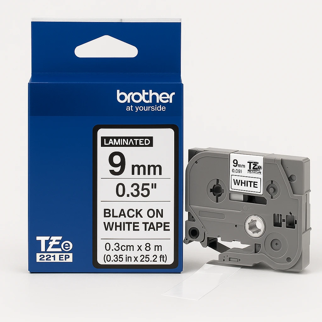 Brother TZe-221 - Adhesivo estándar - negro sobre blanco - rollo (0,9 cm x 8 m) 1 cinta(s) tipo laminado - para Brother PT-D210, D600, H110; P-Touch PT-1005, 1880, E310, E800; P-Touch Cube Pl