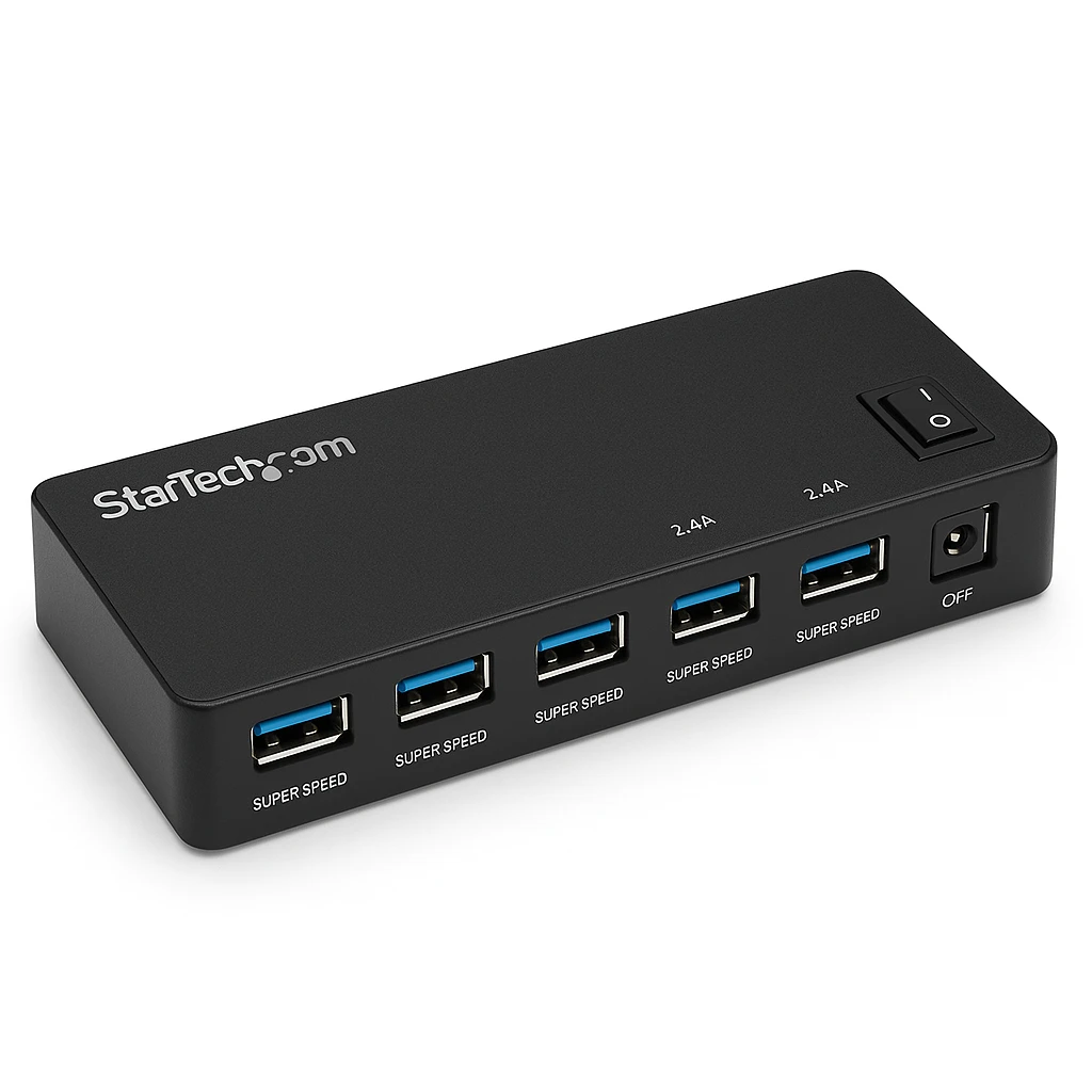 StarTech.com Concentrador USB 3.0 de 7 Puertos - Ladrón con Puertos de Carga y Sincronización - Hub con 2 Puertos de 2,4A - Interruptor para compartir periférico USB - 7 x SuperSpeed USB 3.0 