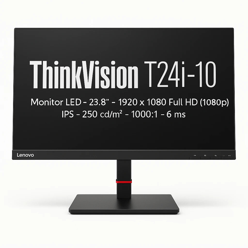 Lenovo ThinkVision T24i-10 - Monitor LED - 23.8" - 1920 x 1080 Full HD (1080p) - IPS - 250 cd/m² - 1000:1 - 6 ms - HDMI, VGA, DisplayPort - negro