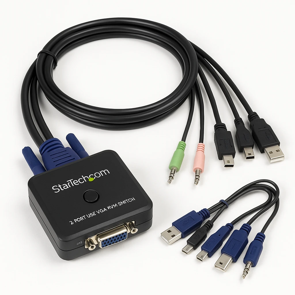 StarTech.com Juego Conmutador KVM 2 puertos todo incluido - USB - Audio y Vídeo VGA - 2x USB A Hembra - 2x Mini USB B Hembra - HD15 Macho - Conmutador KVM / audio - 2 x KVM / audio - 1 usuari