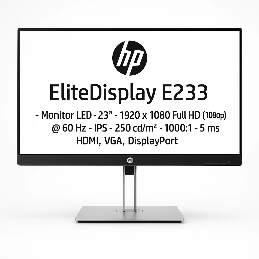 HP EliteDisplay E233 - Monitor LED - 23" - 1920 x 1080 Full HD (1080p) @ 60 Hz - IPS - 250 cd/m² - 1000:1 - 5 ms - HDMI, VGA, DisplayPort - para HP t240, t430, t640; Elite Slice for Meeting R