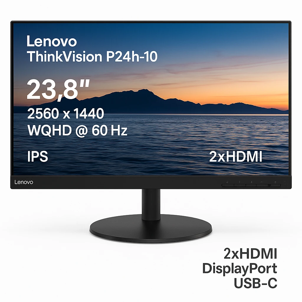 Lenovo ThinkVision P24h-10 - Monitor LED - 23.8" - 2560 x 1440 WQHD @ 60 Hz - IPS - 300 cd/m² - 1000:1 - 4 ms - 2xHDMI, DisplayPort, USB-C - negro - para ThinkBook 14; ThinkCentre M715q (2nd 