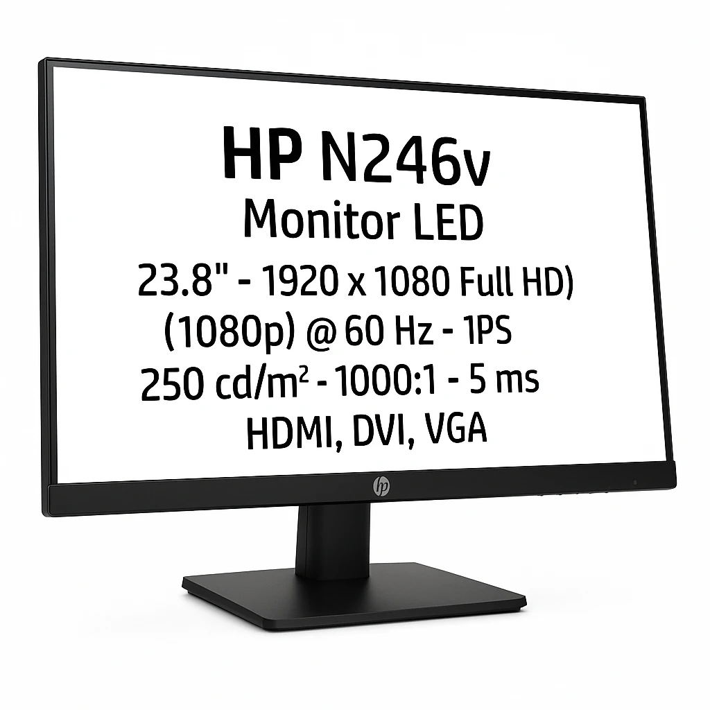 HP N246v - Monitor LED - 23.8" - 1920 x 1080 Full HD (1080p) @ 60 Hz - IPS - 250 cd/m² - 1000:1 - 5 ms - HDMI, DVI, VGA - negro