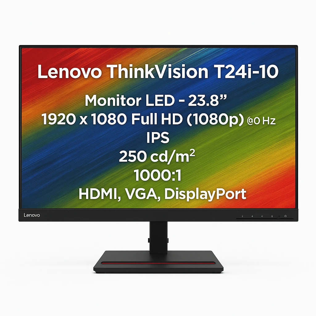 Lenovo ThinkVision T24i-10 - Monitor LED - 23.8" - 1920 x 1080 Full HD (1080p) @ 60 Hz - IPS - 250 cd/m² - 1000:1 - 6 ms - HDMI, VGA, DisplayPort - negro - para K14 Gen 1; ThinkCentre M70q Ge