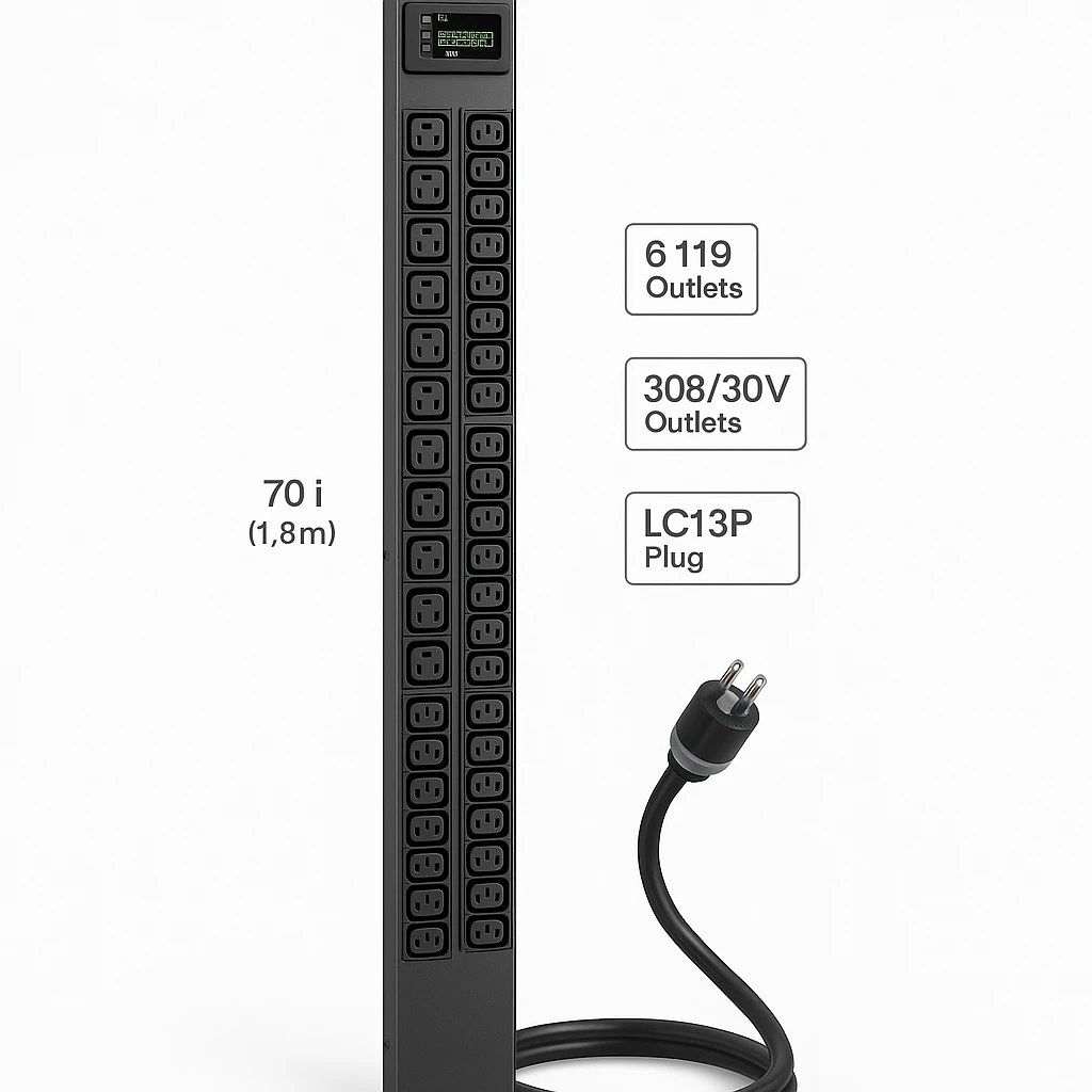 Eaton 5.5kW Single-Phase Monitored PDU, LX Interface, 208/230V Outlets (36 C13/6 C19), L6-30P, 10 ft. (3.05 m) Cord, 0U 1.8m/70 in. Height, TAA - Unidad de distribución de potencia (montaje e