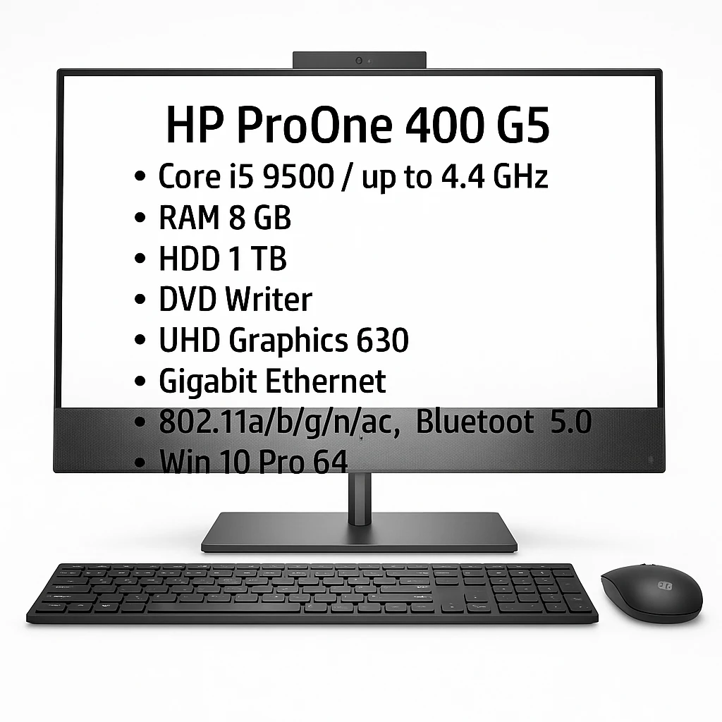 HP ProOne 400 G5 - Todo en uno - Core i5 9500 / hasta 4.4 GHz - RAM 8 GB - HDD 1 TB - grabadora de DVD - UHD Graphics 630 - Gigabit Ethernet - 802.11a/b/g/n/ac, Bluetooth 5.0 - Win 10 Pro 64 
