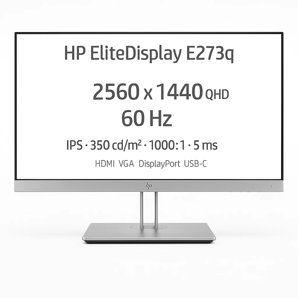 HP EliteDisplay E273q - Monitor LED - 27" - 2560 x 1440 QHD @ 60 Hz - IPS - 350 cd/m² - 1000:1 - 5 ms - HDMI, VGA, DisplayPort, USB-C - negro (tapa trasera), plateado (bisel frontal, marco y 