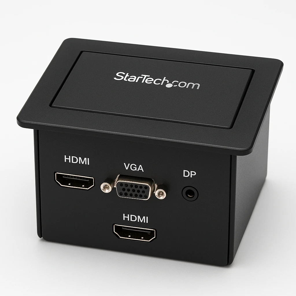 StarTech.com Caja de Conectividad de Audio y Vídeo para Mesas de Conferencia - con Entradas HDMI / VGA / DisplayPort - con Salida HDMI - 4K - Placa de montaje - HDMI, HD-15, mini-conexión tel