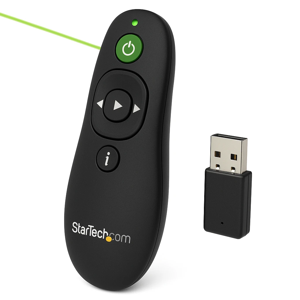 StarTech.com Mando a Distancia para Presentaciones Inalámbrico con Puntero Láser Verde - 27m - Puntero Clicker USB para Presentaciones - Control remoto para presentaciones - RF - negro