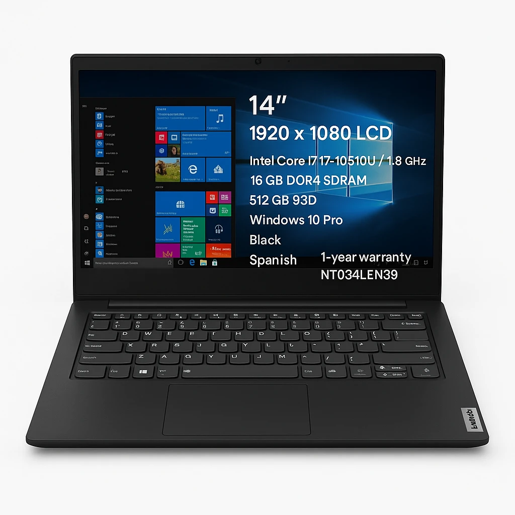 Lenovo - Notebook - 14" - 1920 x 1080 LCD - Intel Core i7 I7-10510U / 1.8 GHz - 16 GB DDR4 SDRAM - 512 GB SSD - Windows 10 Pro 64-bit Edition - Black - Spanish - 1-year warranty