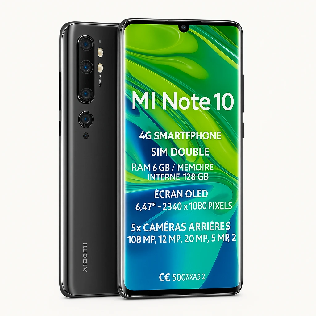 Xiaomi MI Note 10 - 4G smartphone - SIM doble - RAM 6 GB / Memoria interna 128 GB - pantalla OLED - 6.47" - 2340 x 1080 píxeles - 5x x cámaras traseras 108 MP, 12 MP, 20 MP, 5 MP, 2 MP - fron