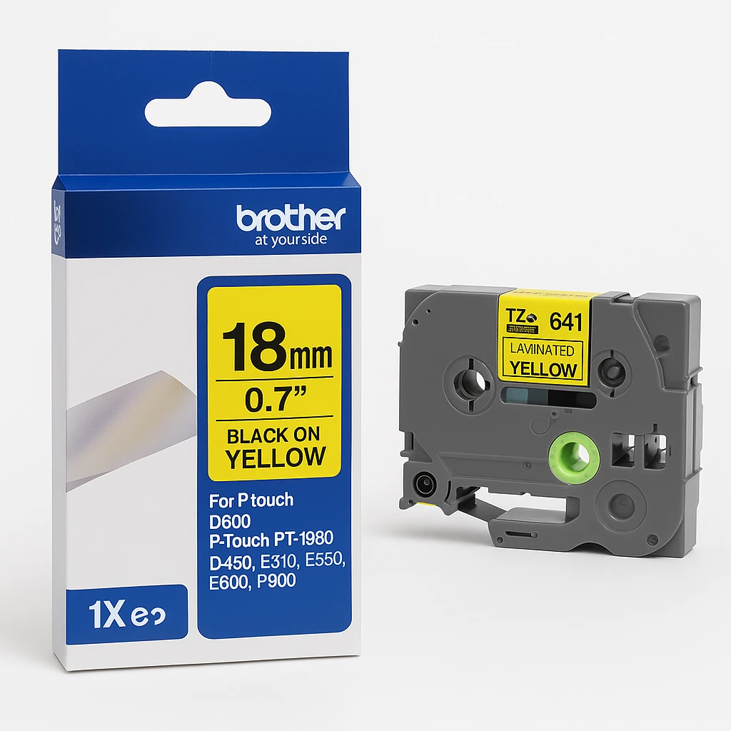 Brother TZe-641 - Adhesivo estándar - negro sobre amarillo - rollo (1,8 cm x 8 m) 1 cinta(s) tipo laminado - para Brother PT-D600; P-Touch PT-1880, D450, E310, E550, E800, P900; P-Touch Cube 
