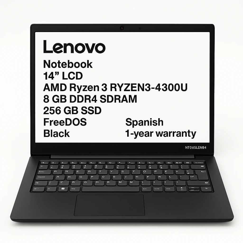 Lenovo - Notebook - 14" LCD - AMD Ryzen 3 RYZEN3-4300U - 8 GB DDR4 SDRAM - 256 GB SSD - FreeDOS - Black - Spanish - 1-year warranty