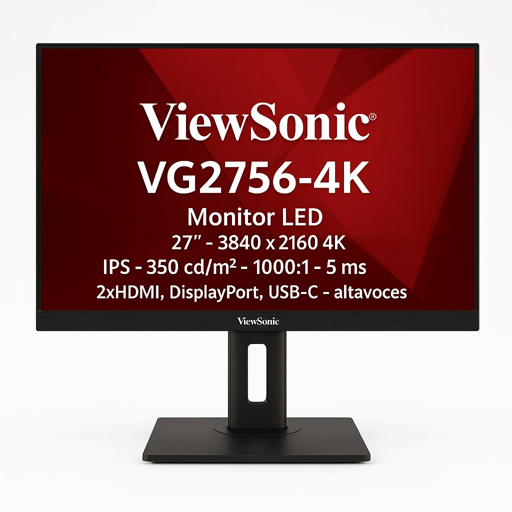 ViewSonic VG2756-4K - Monitor LED - 27" - 3840 x 2160 4K - IPS - 350 cd/m² - 1000:1 - 5 ms - 2xHDMI, DisplayPort, USB-C - altavoces