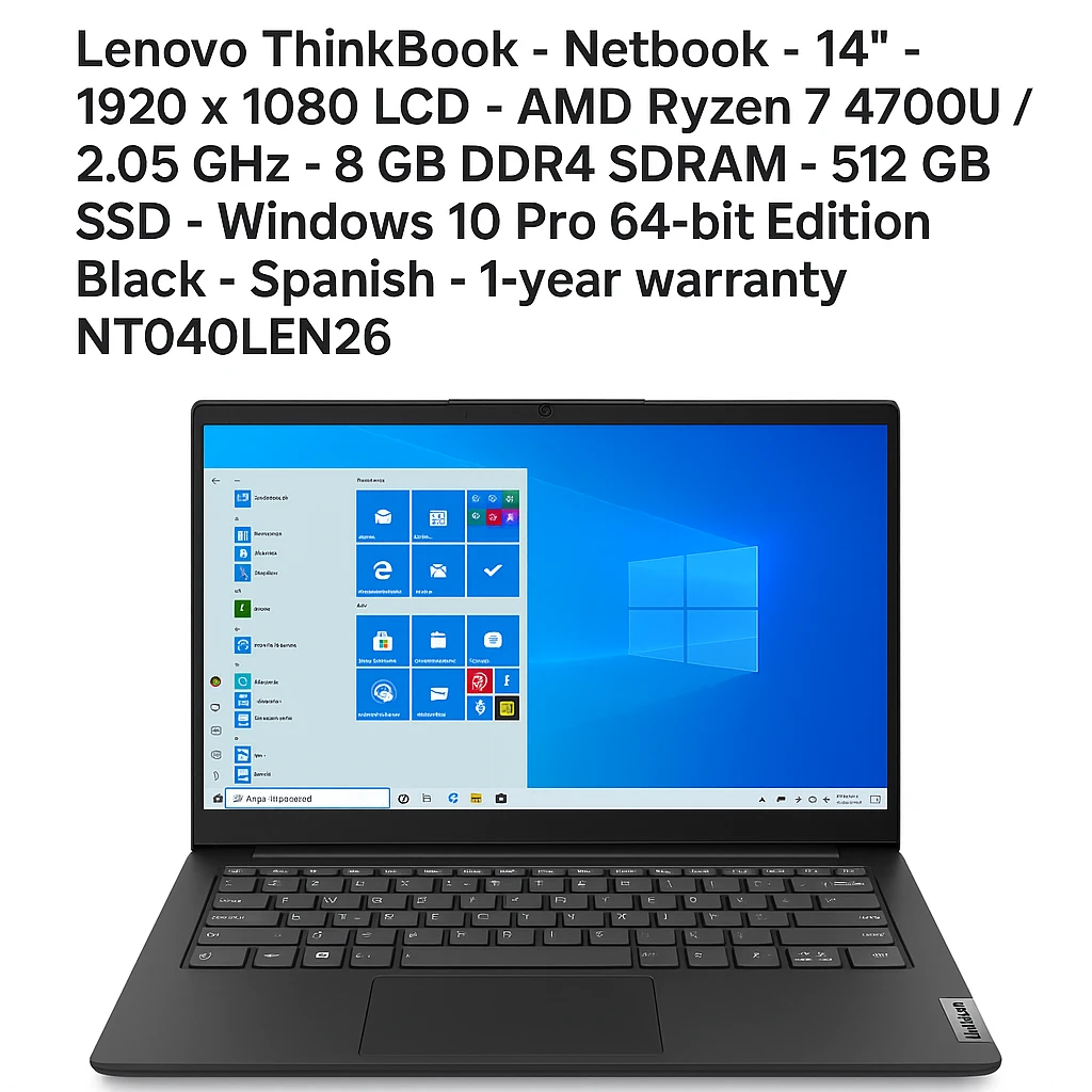 Lenovo ThinkBook - Netbook - 14" - 1920 x 1080 LCD - AMD Ryzen 7 4700U / 2.05 GHz - 8 GB DDR4 SDRAM - 512 GB SSD - Windows 10 Pro 64-bit Edition - Black - Spanish - 1-year warranty