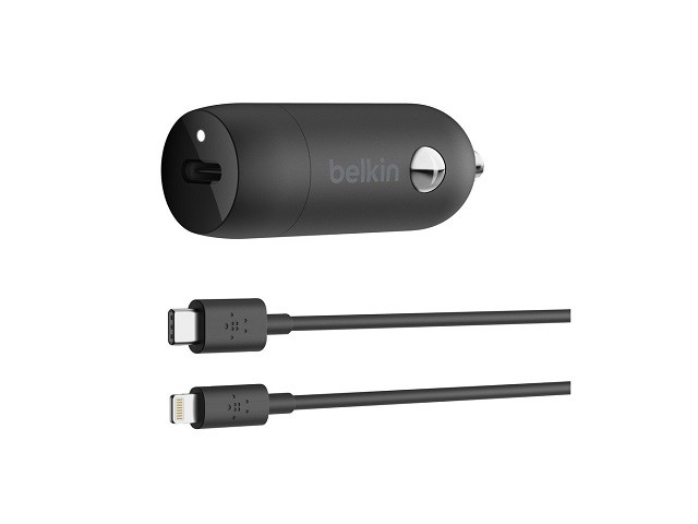 Belkin - Adaptador de corriente para el coche - 20 vatios - 3.6 A - PD (24 pin USB-C) - en el cable: Lightning - negro