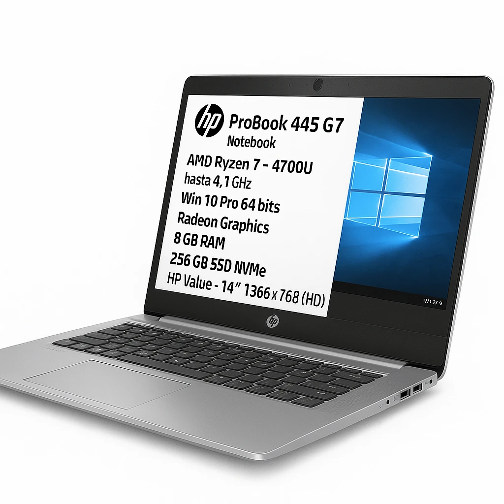 HP ProBook 445 G7 Notebook - AMD Ryzen 7 - 4700U / hasta 4.1 GHz - Win 10 Pro 64 bits - Radeon Graphics - 8 GB RAM - 256 GB SSD NVMe, HP Value - 14" 1366 x 768 (HD) - Gigabit Ethernet - Wi-Fi