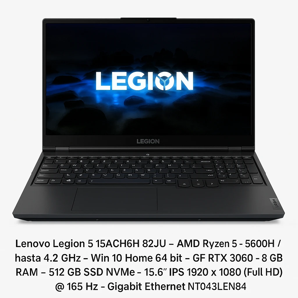 Lenovo Legion 5 15ACH6H 82JU - AMD Ryzen 5 - 5600H / hasta 4.2 GHz - Win 10 Home 64 bit - GF RTX 3060  - 8 GB RAM - 512 GB SSD NVMe - 15.6" IPS 1920 x 1080 (Full HD) @ 165 Hz - Gigabit Ethern