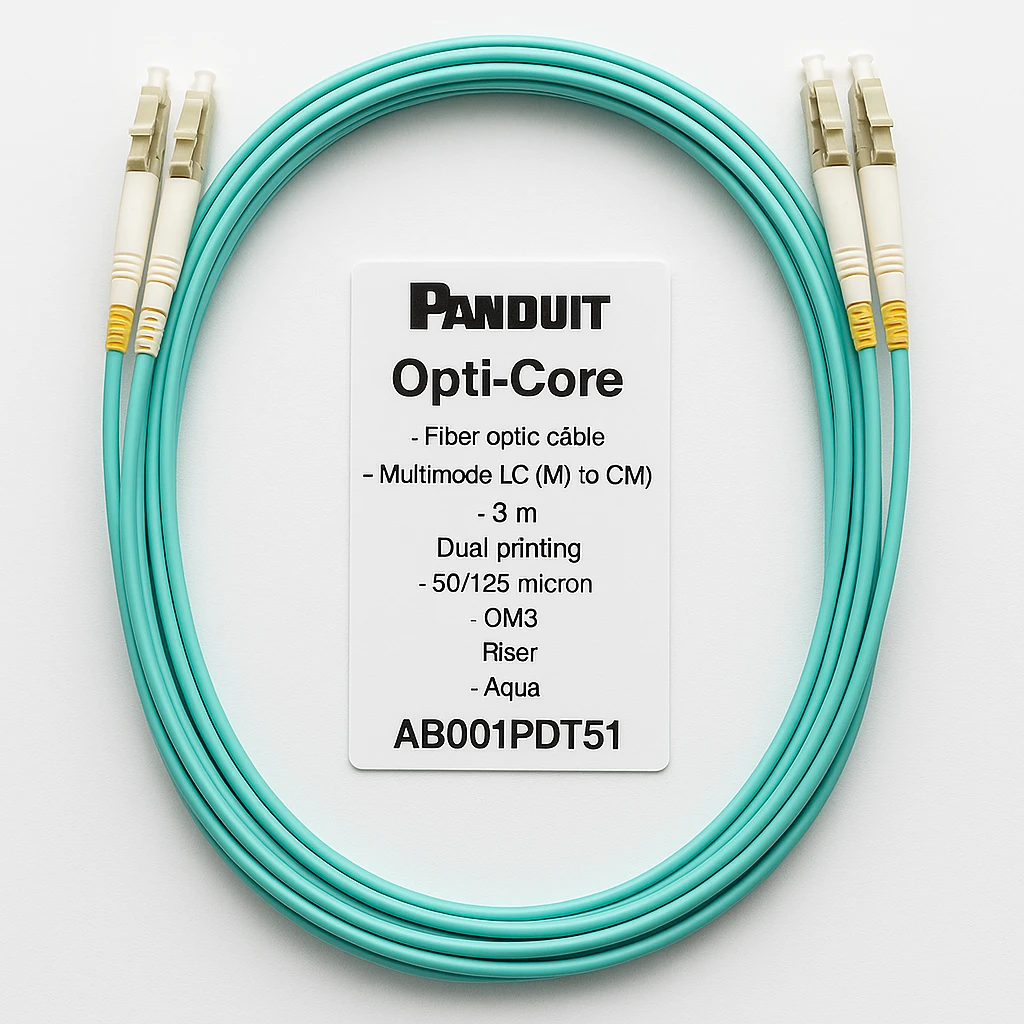 Panduit Opti-Core - Cable de interconexión - LC de modos múltiples (M) a LC de modos múltiples (M) - 3 m - fibra óptica - impresión a dos caras - 50/125 micras - OM3 - elevador - agua