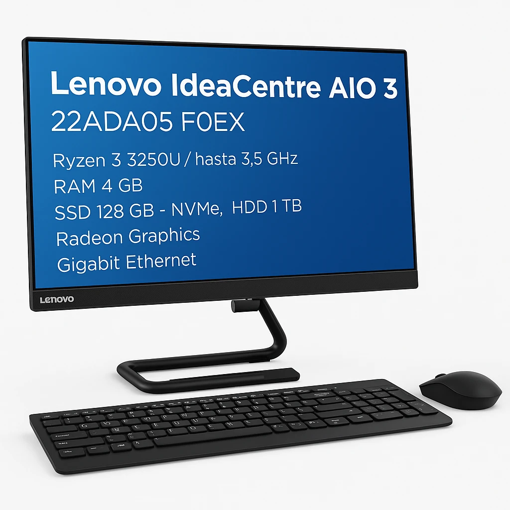 Lenovo IdeaCentre AIO 3 22ADA05 F0EX - Todo en uno con soporte - Ryzen 3 3250U / hasta 3.5 GHz - RAM 4 GB - SSD 128 GB - NVMe, HDD 1 TB - Radeon Graphics - Gigabit Ethernet - Win 10 Home 64 b