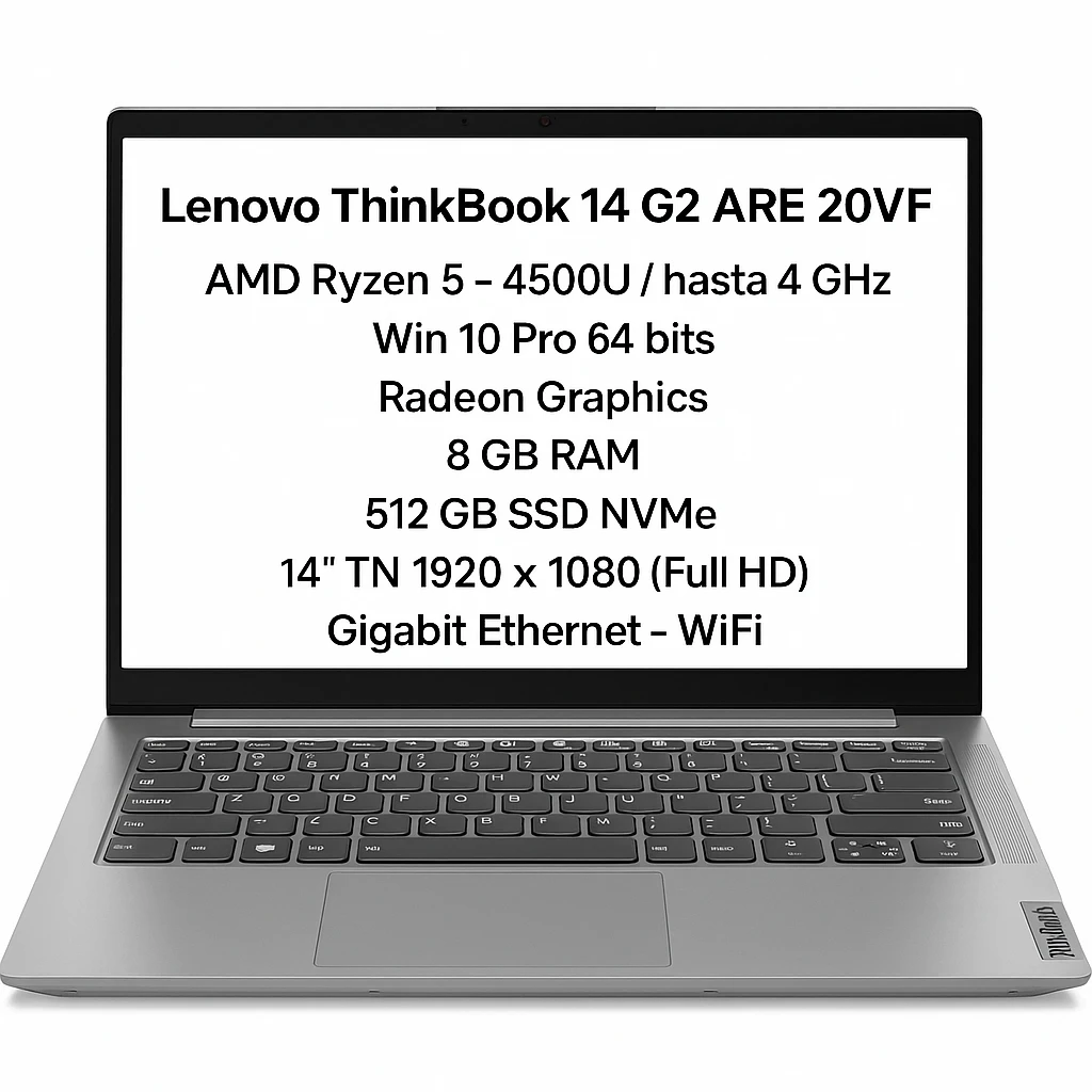 Lenovo ThinkBook 14 G2 ARE 20VF - AMD Ryzen 5 - 4500U / hasta 4 GHz - Win 10 Pro 64 bits - Radeon Graphics - 8 GB RAM - 512 GB SSD NVMe - 14" TN 1920 x 1080 (Full HD) - Gigabit Ethernet - Wi-