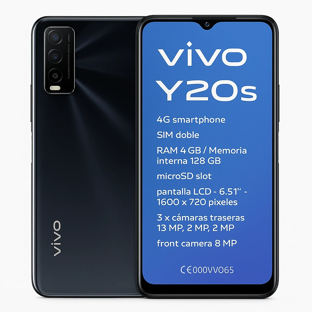 Vivo Y20s - 4G smartphone - SIM doble - RAM 4 GB / Memoria interna 128 GB - microSD slot - pantalla LCD - 6.51" - 1600 x 720 píxeles - 3 x cámaras traseras 13 MP, 2 MP, 2 MP - front camera 8 