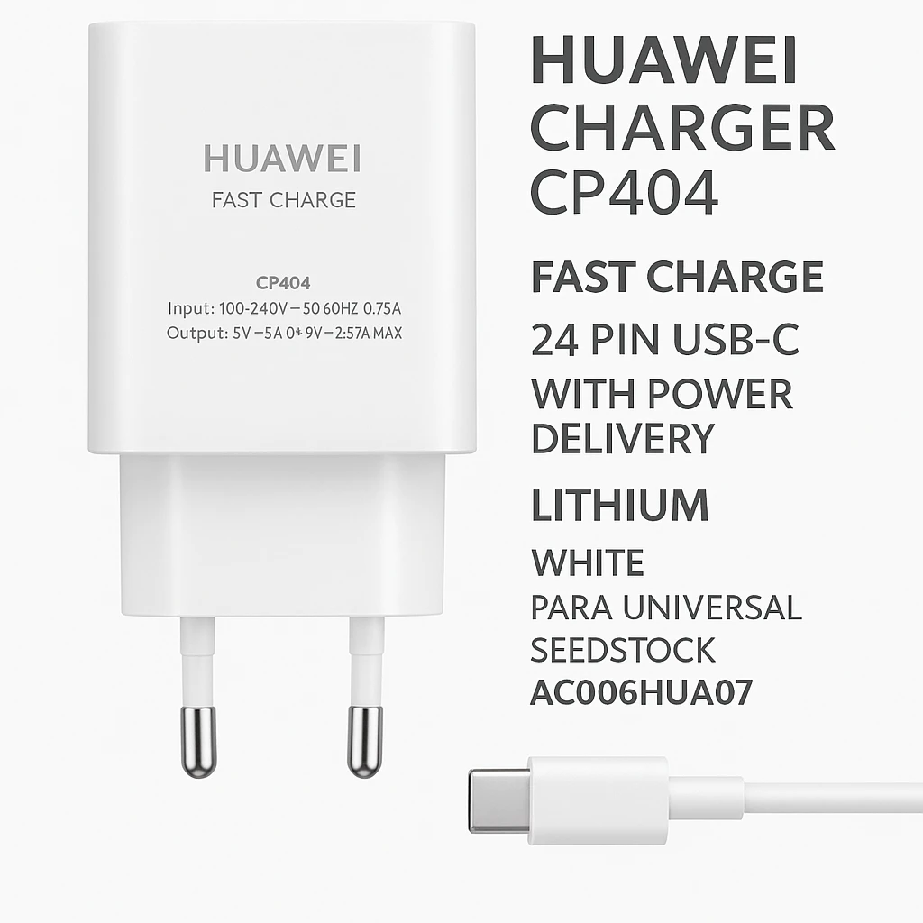 Huawei Charger CP404 - Fast Charge - 24 pin USB-C with Power Delivery - Lithium - White - Para Universal - Seedstock