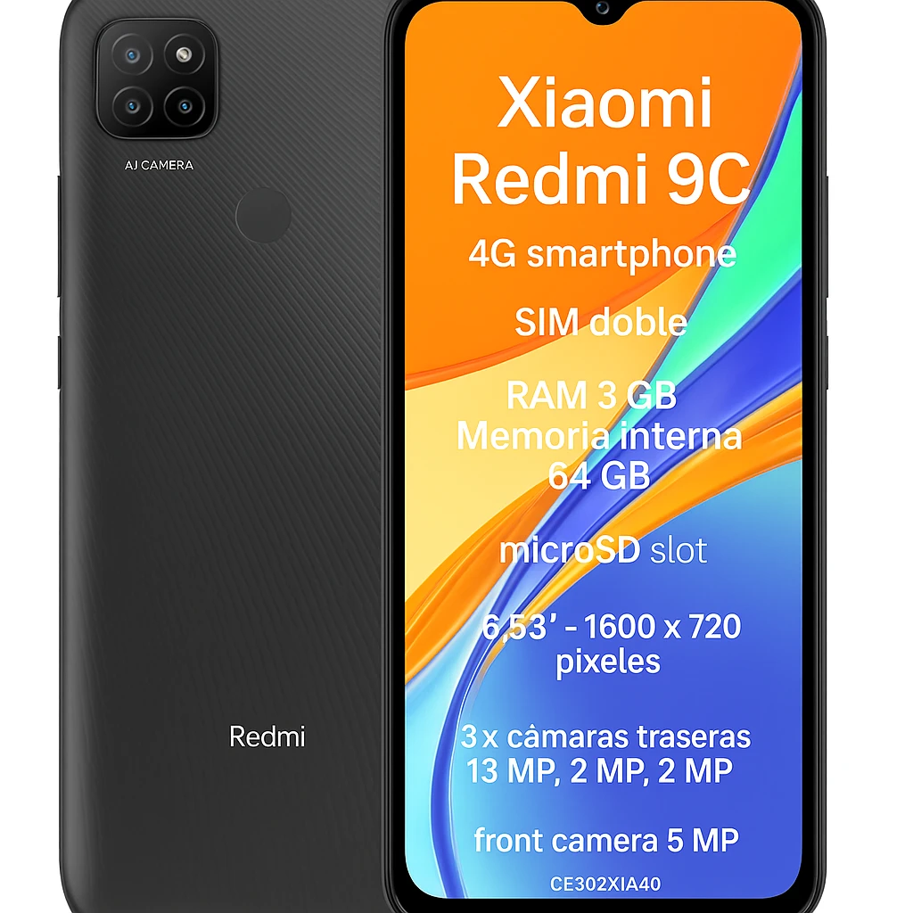 Xiaomi Redmi 9C - 4G smartphone - SIM doble - RAM 3 GB / Memoria interna 64 GB - microSD slot - 6.53" - 1600 x 720 píxeles - 3 x cámaras traseras 13 MP, 2 MP, 2 MP - front camera 5 MP - gris 