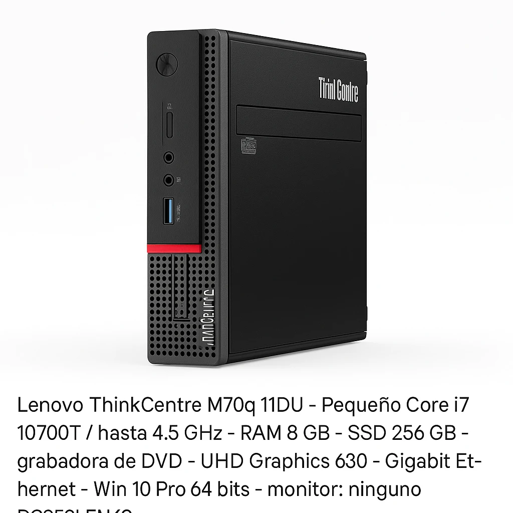 Lenovo ThinkCentre M70q 11DU - Pequeño Core i7 10700T / hasta 4.5 GHz - RAM 8 GB - SSD 256 GB - grabadora de DVD - UHD Graphics 630 - Gigabit Ethernet - Win 10 Pro 64 bits - monitor: ninguno 