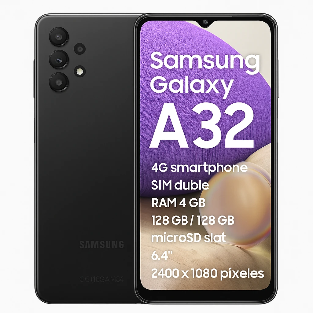 Samsung Galaxy A32 - 4G smartphone - SIM doble - RAM 4 GB / Memoria interna 128 GB - microSD slot - pantalla OLED - 6.4" - 2400 x 1080 píxeles - 4x x cámaras traseras 64 MP, 8 MP, 5 MP, 5 MP 