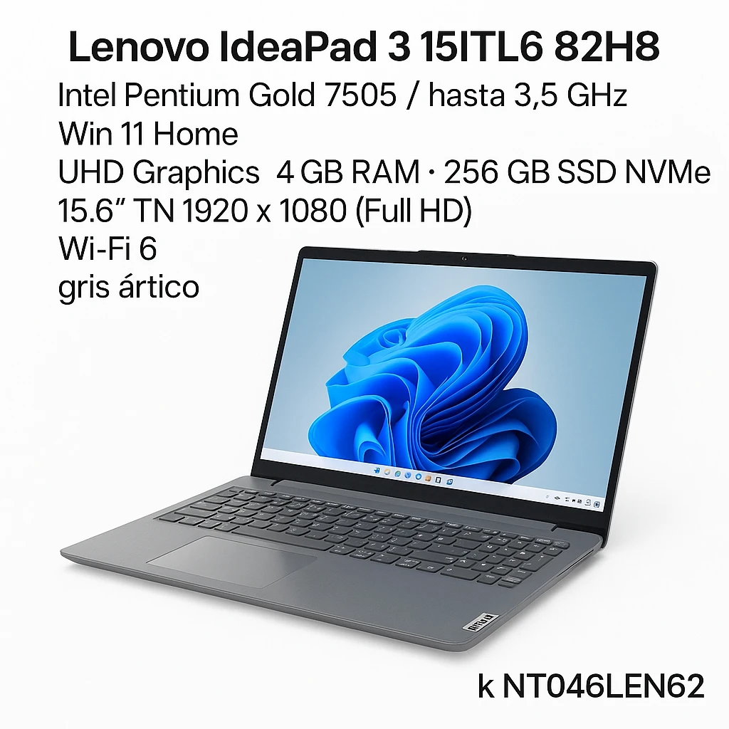 Lenovo IdeaPad 3 15ITL6 82H8 - Intel Pentium Gold - 7505 / hasta 3.5 GHz - Win 11 Home - UHD Graphics - 4 GB RAM - 256 GB SSD NVMe - 15.6" TN 1920 x 1080 (Full HD) - Wi-Fi 6 - gris ártico - k