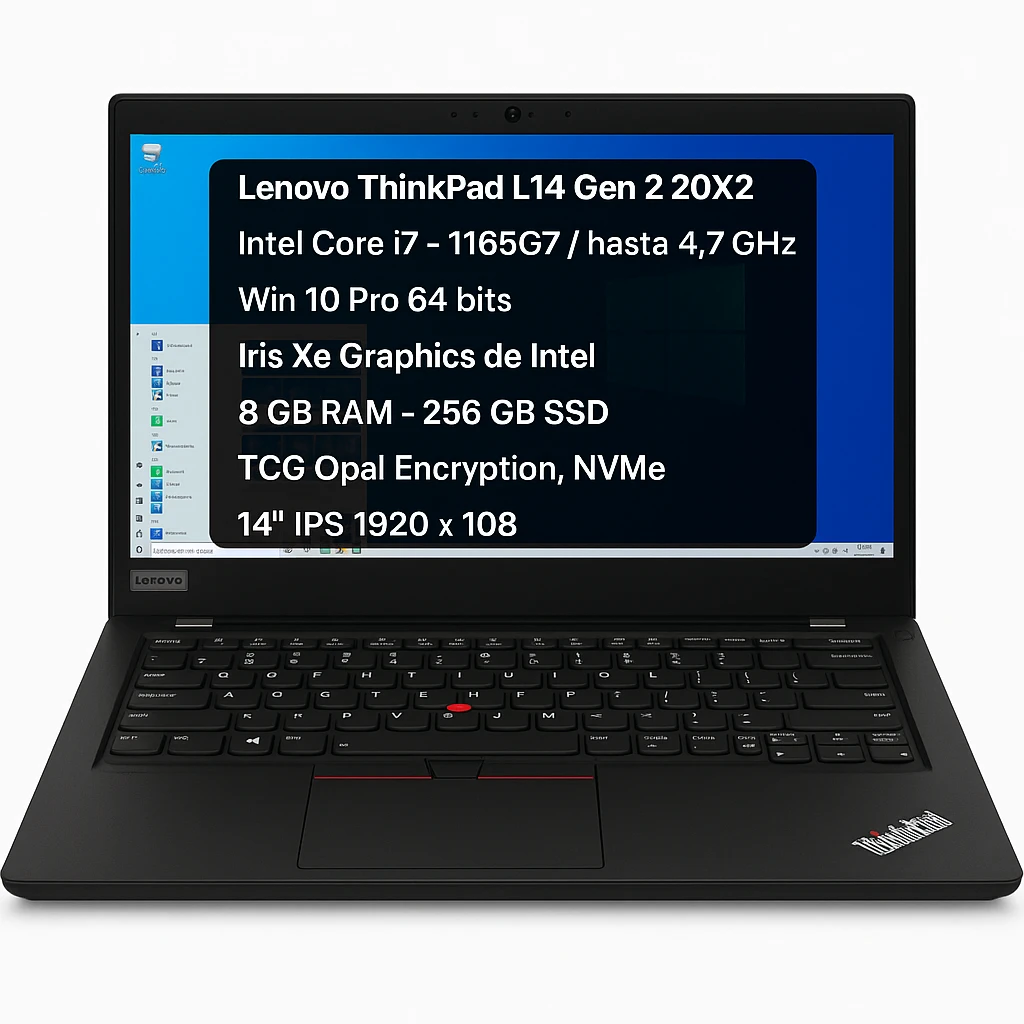 Lenovo ThinkPad L14 Gen 2 20X2 - Intel Core i7 - 1165G7 / hasta 4.7 GHz - Win 10 Pro 64 bits - Iris Xe Graphics de Intel - 8 GB RAM - 256 GB SSD TCG Opal Encryption, NVMe - 14" IPS 1920 x 108