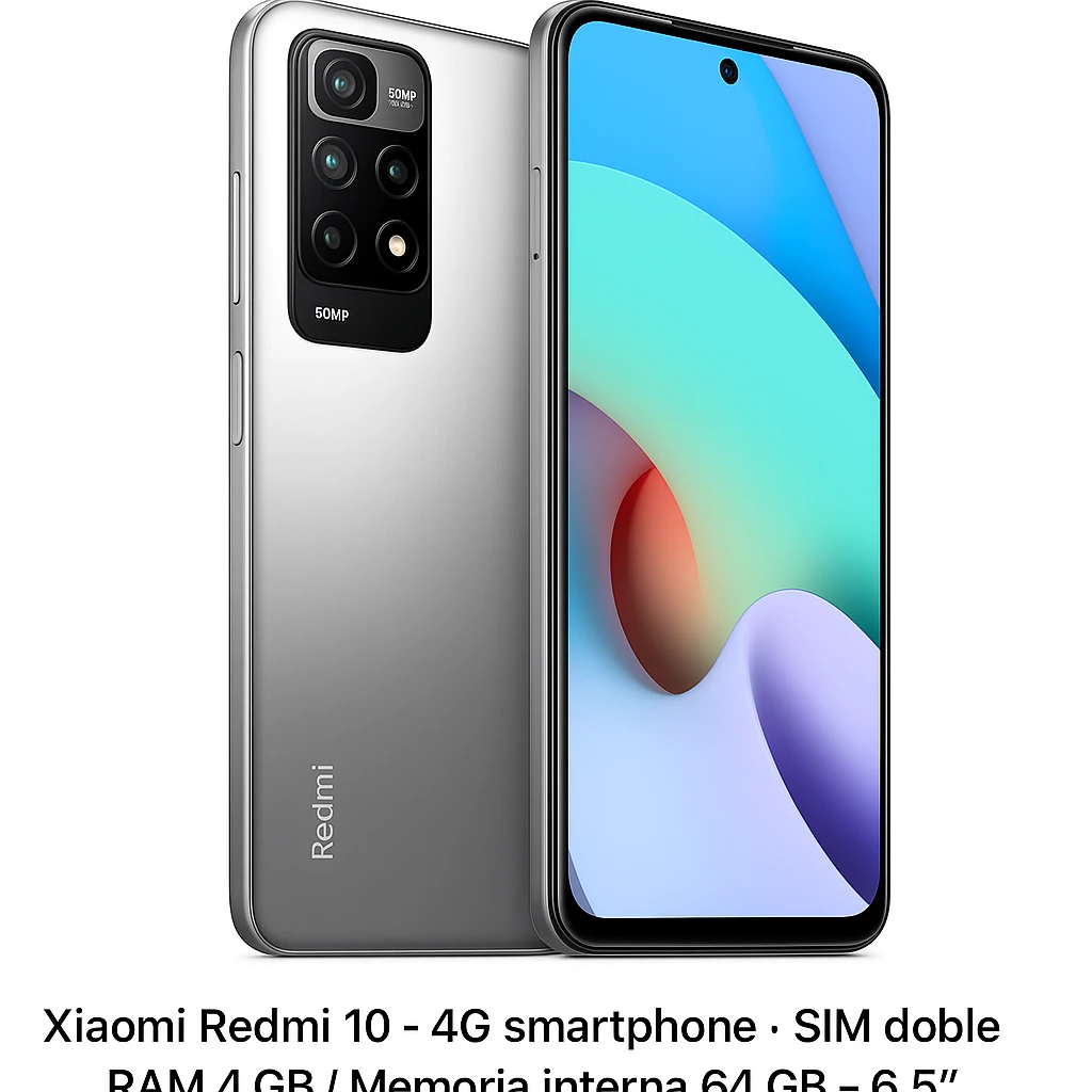 Xiaomi Redmi 10 - 4G smartphone - SIM doble - RAM 4 GB / Memoria interna 64 GB - microSD slot - 6.5" - 2400 x 1080 píxeles (90 Hz) - 4x x cámaras traseras 50 MP, 8 MP, 2 MP, 2 MP - front came