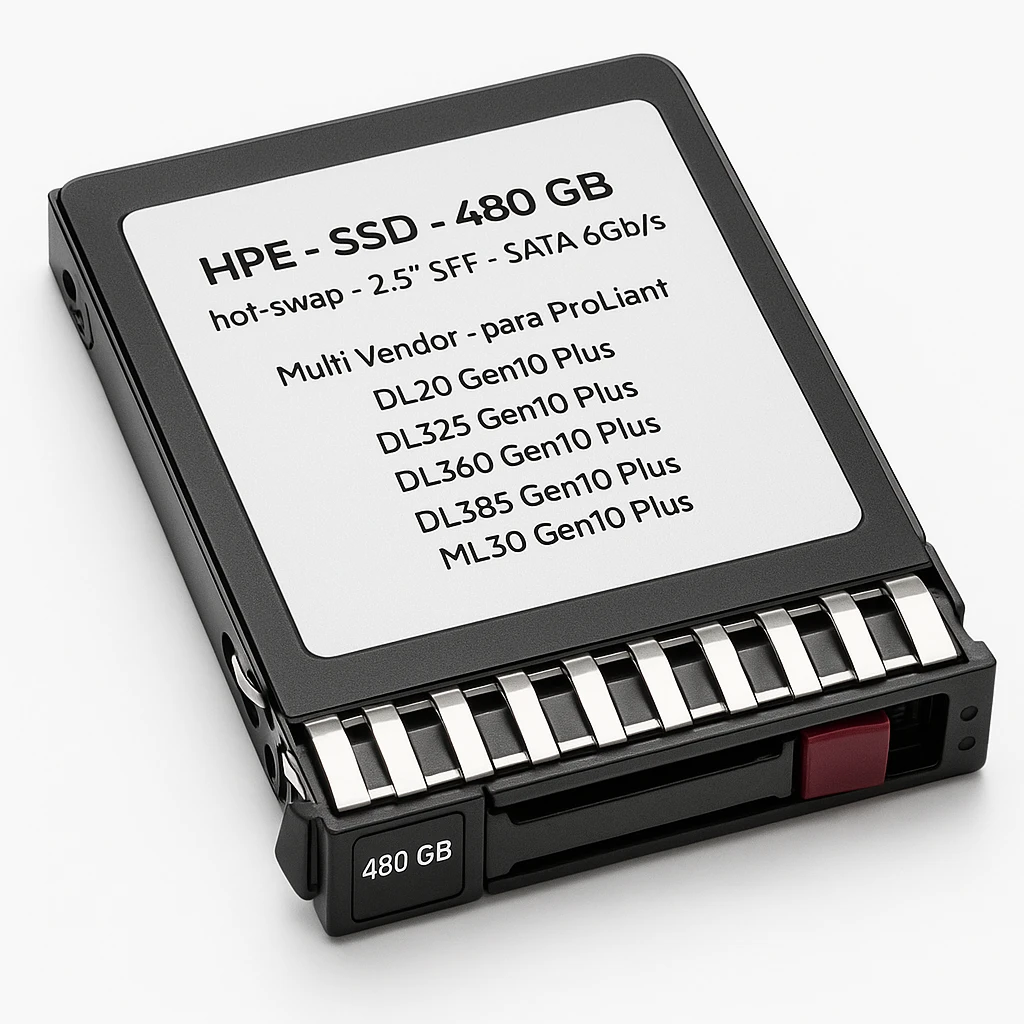 HPE - SSD - 480 GB - hot-swap - 2.5" SFF - SATA 6Gb/s - Multi Vendor - para ProLiant DL20 Gen10 Plus, DL325 Gen10 Plus, DL360 Gen10 Plus, DL385 Gen10 Plus, ML30 Gen10 Plus