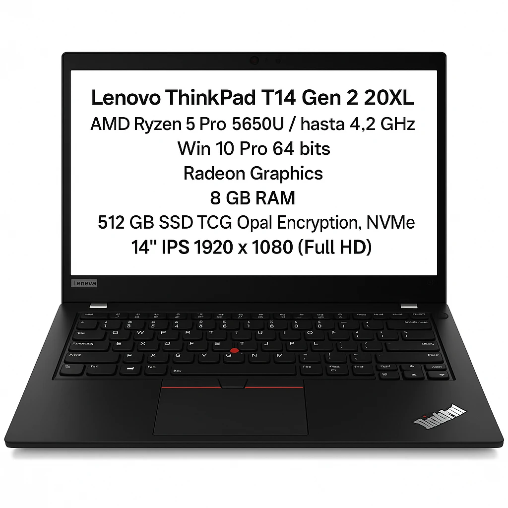 Lenovo ThinkPad T14 Gen 2 20XL - AMD Ryzen 5 Pro - 5650U / hasta 4.2 GHz - Win 10 Pro 64 bits - Radeon Graphics - 8 GB RAM - 512 GB SSD TCG Opal Encryption, NVMe - 14" IPS 1920 x 1080 (Full H