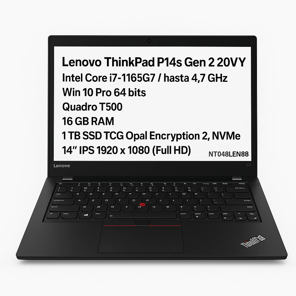 Lenovo ThinkPad P14s Gen 2 20VY - Intel Core i7 - 1165G7 / hasta 4.7 GHz - Win 10 Pro 64 bits - Quadro T500  - 16 GB RAM - 1 TB SSD TCG Opal Encryption 2, NVMe - 14" IPS 1920 x 1080 (Full HD)