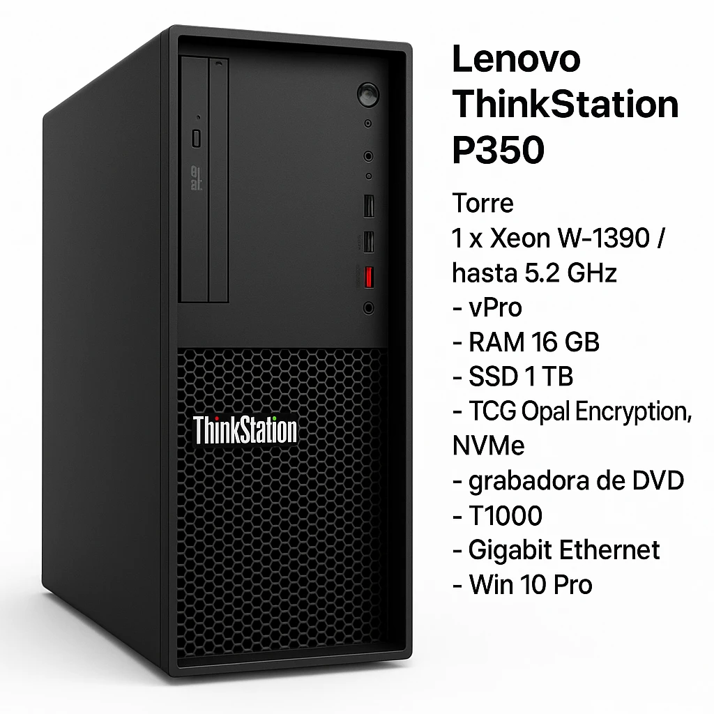 Lenovo ThinkStation P350 30E4 - Torre 1 x Xeon W-1390 / hasta 5.2 GHz - vPro - RAM 16 GB - SSD 1 TB - TCG Opal Encryption, NVMe - grabadora de DVD - T1000  - Gigabit Ethernet - Win 10 Pro for