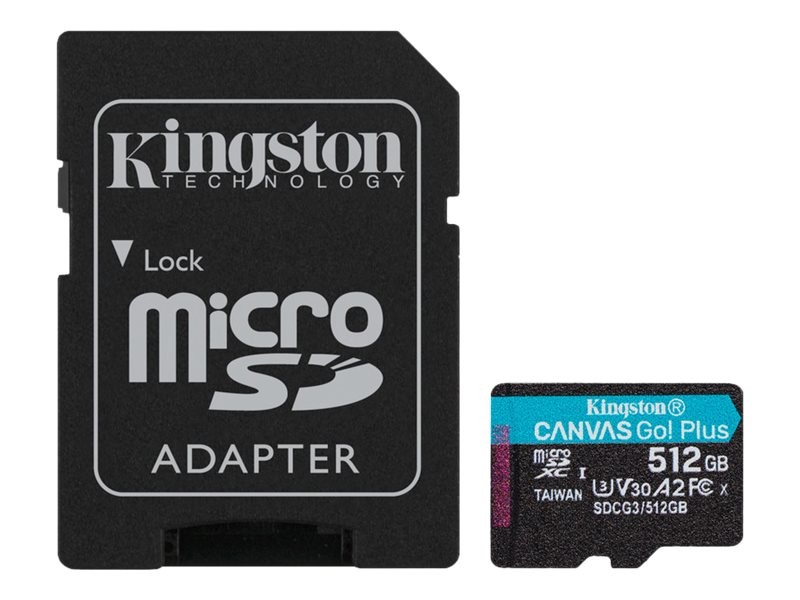 Kingston Canvas Go! Plus - Tarjeta de memoria flash (adaptador microSDXC a SD Incluido) - 512 GB - A2 / Video Class V30 / UHS-I U3 / Class10 - microSDXC UHS-I