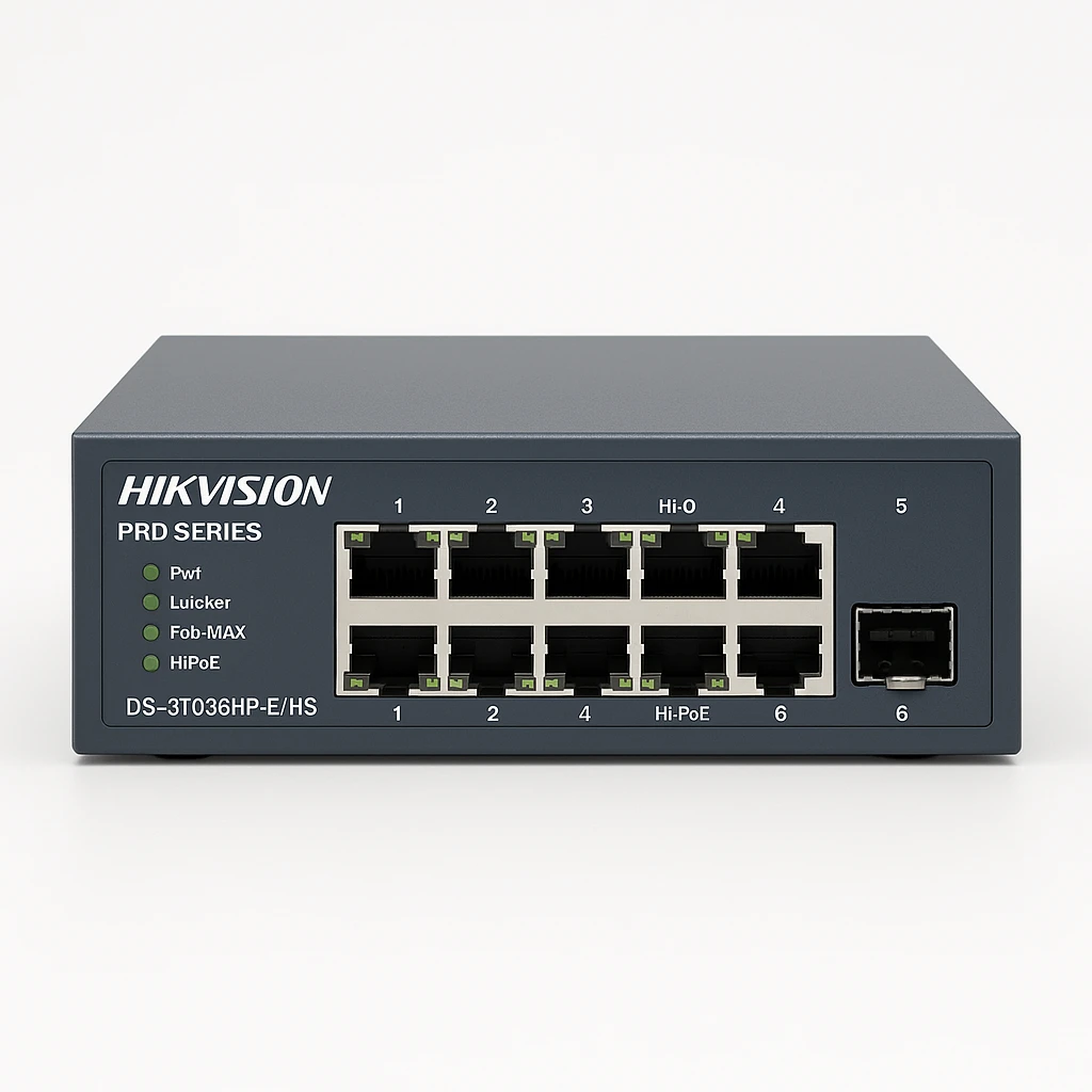 Hikvision Pro Series DS-3T0506HP-E/HS - Conmutador - sin gestionar - 3 x 10/100/1000 (PoE) + 1 x 10/100/1000 (Hi-PoE) + 2 x Gigabit SFP - sobremesa - High PoE / PoE - DC power