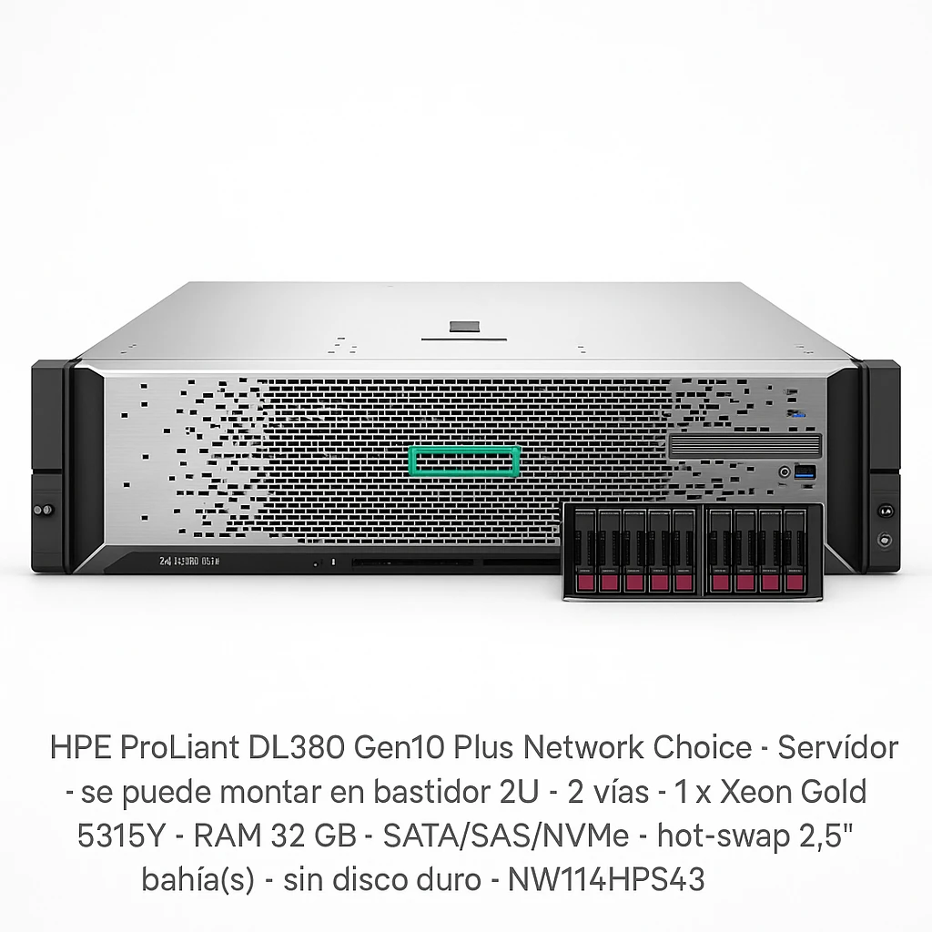 HPE ProLiant DL380 Gen10 Plus Network Choice - Servidor - se puede montar en bastidor 2U - 2 vías - 1 x Xeon Gold 5315Y - RAM 32 GB - SATA/SAS/NVMe - hot-swap 2.5" bahía(s) - sin disco duro -
