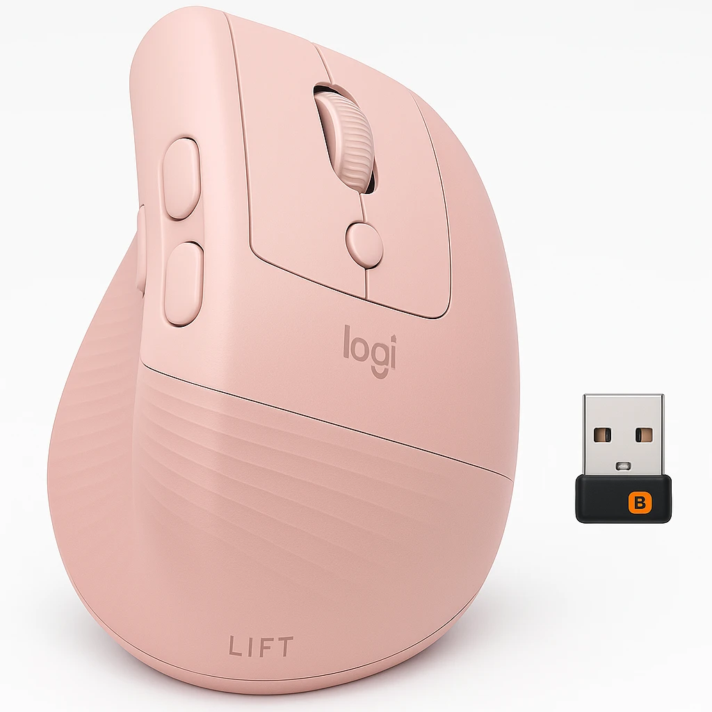 Logitech Lift Vertical Ergonomic Mouse - Ratón vertical - ergonómico - 6 botones - inalámbrico - Bluetooth, 2.4 GHz - receptor de USB Logitech Logi Bolt - rosa