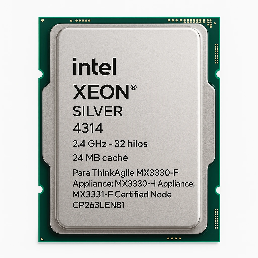 Intel Xeon Silver 4314 - 2.4 GHz - 16 núcleos - 32 hilos - 24 MB caché - para ThinkAgile MX3330-F Appliance; MX3330-H Appliance; MX3331-F Certified Node