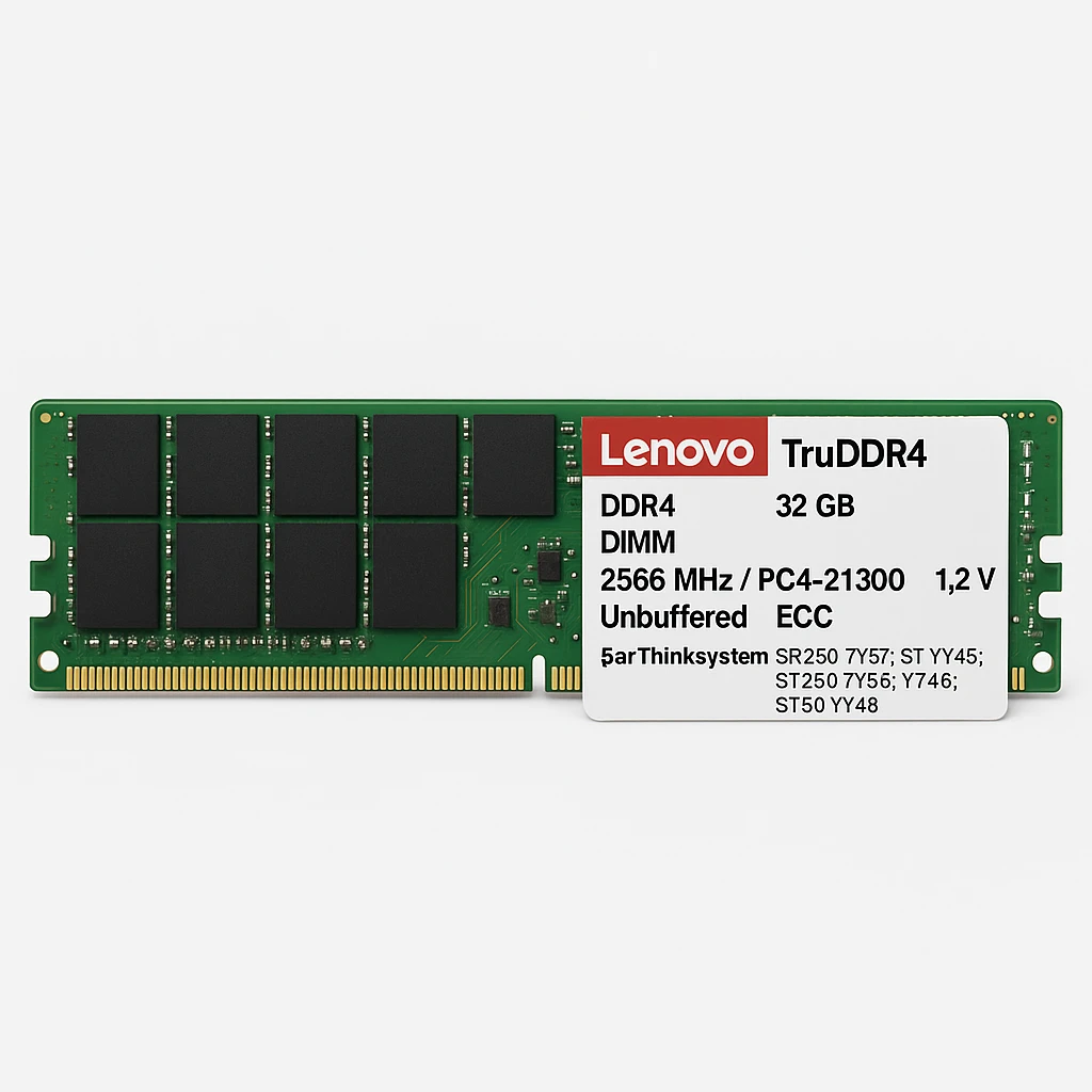Lenovo TruDDR4 - DDR4 - módulo - 32 GB - DIMM de 288 contactos - 2666 MHz / PC4-21300 - 1.2 V - sin búfer - ECC - para ThinkSystem SR250 7Y51, 7Y52; ST250 7Y45, 7Y46; ST50 7Y48