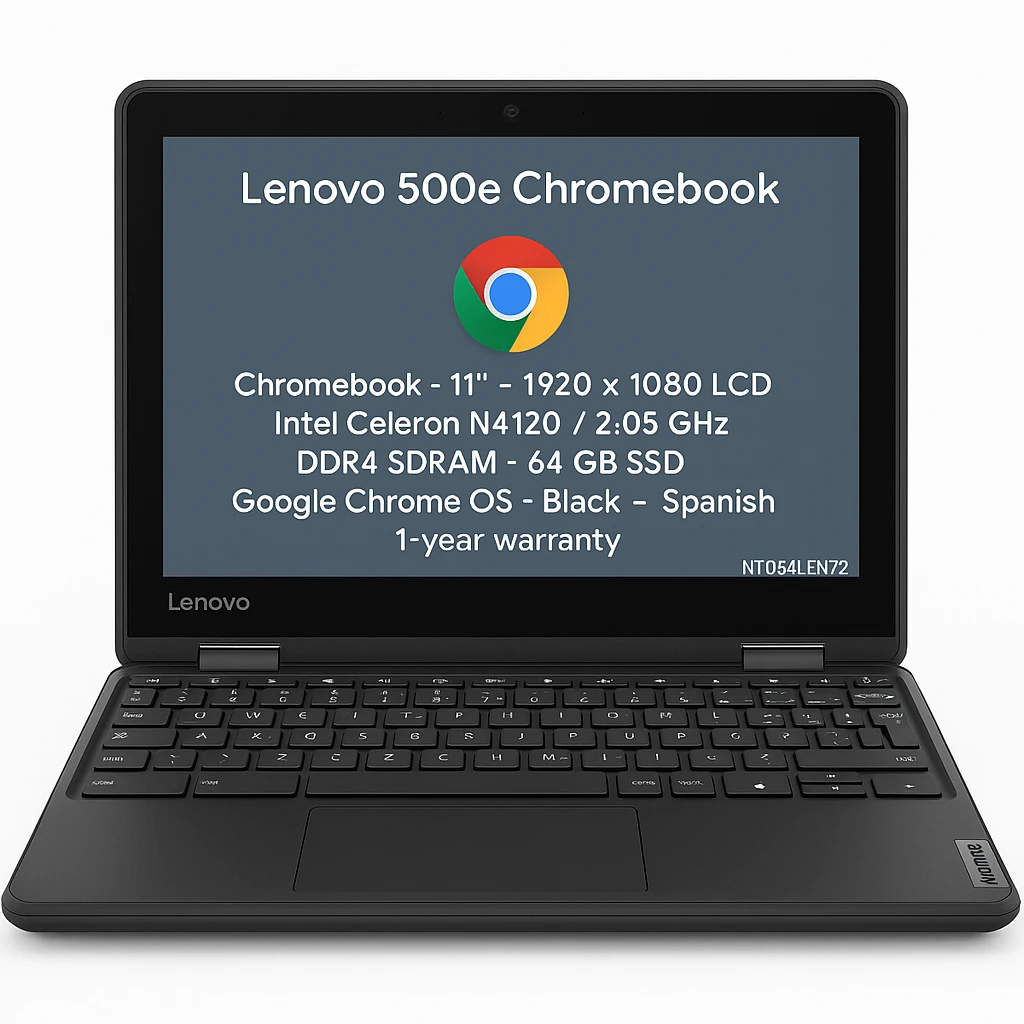 Lenovo 500e Chromebook - Chromebook - 11" - 1920 x 1080 LCD - Intel Celeron N4120 / 2.05 GHz - DDR4 SDRAM - 64 GB SSD - Google Chrome OS - Black - Spanish - 1-year warranty